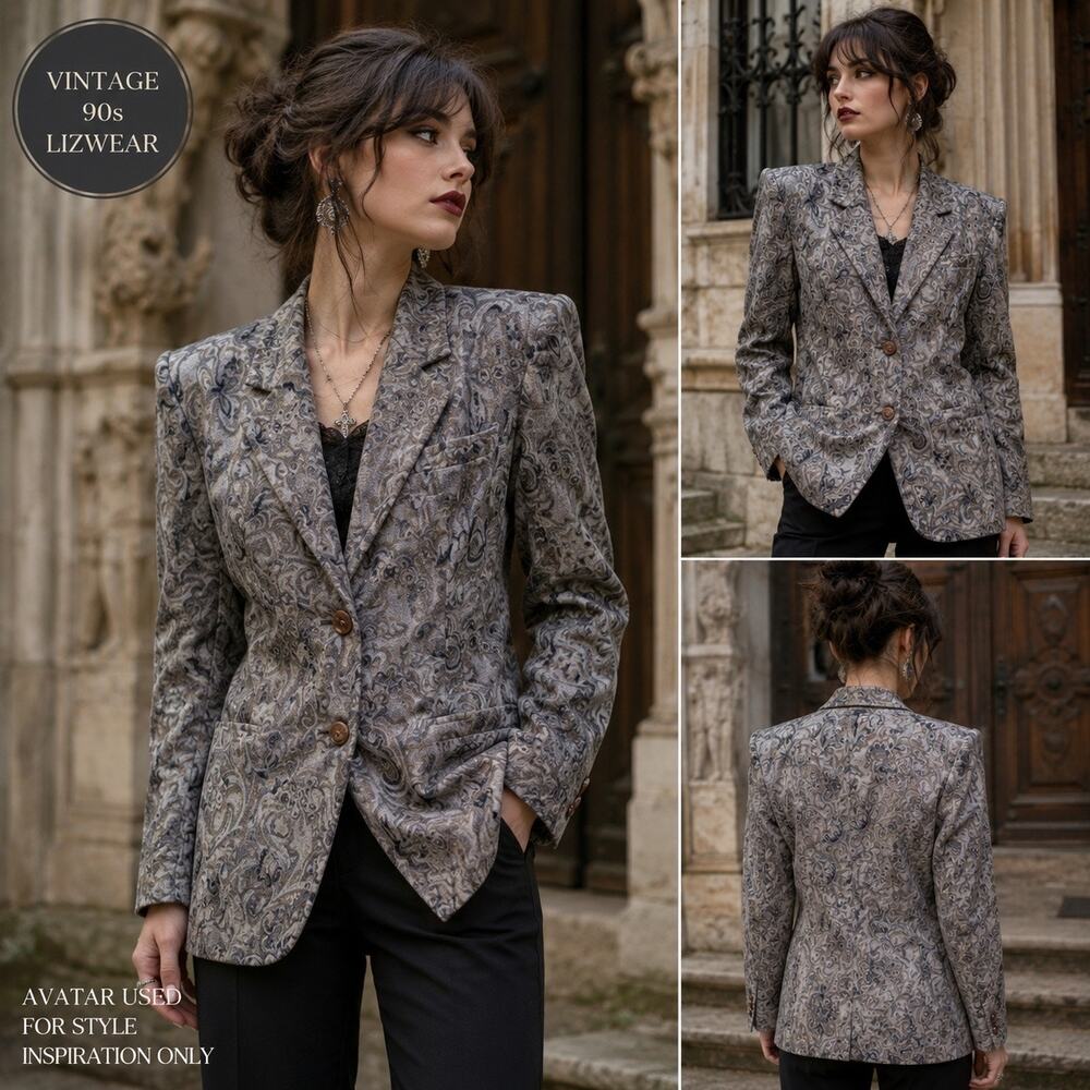 Vtg 90s Lizwear Petite 4 Wool Paisley Blazer Shoulder Pads Whimsigoth Academia